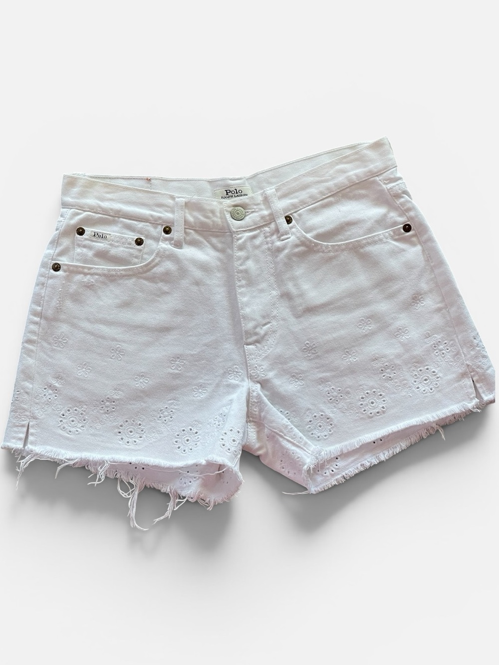 Polo Ralph Lauren The Sophia Cut Off Short Sz 26 White Eyelet Frayed Denim